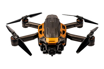 A high-tech drone with orange and black design, featuring a camera for aerial photography and videography. The image is isolated on a transparent background, perfect for modern tech projects.