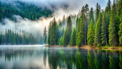 Obraz premium Dense pine trees stand along the serene lake shores, with misty fog rolling in from the north, hiding the scenery , scenic views