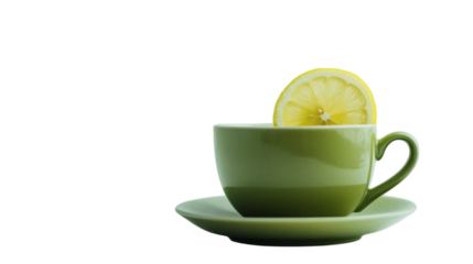 A steaming cup of green tea with lemon slice isolated on white background