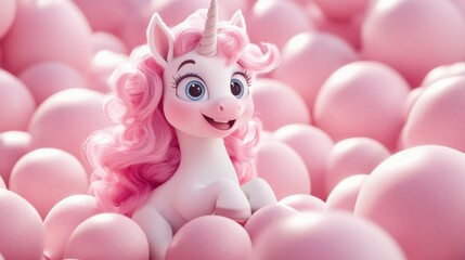 Cute cartoon unicorn with pink hair sitting amidst pink spheres.
