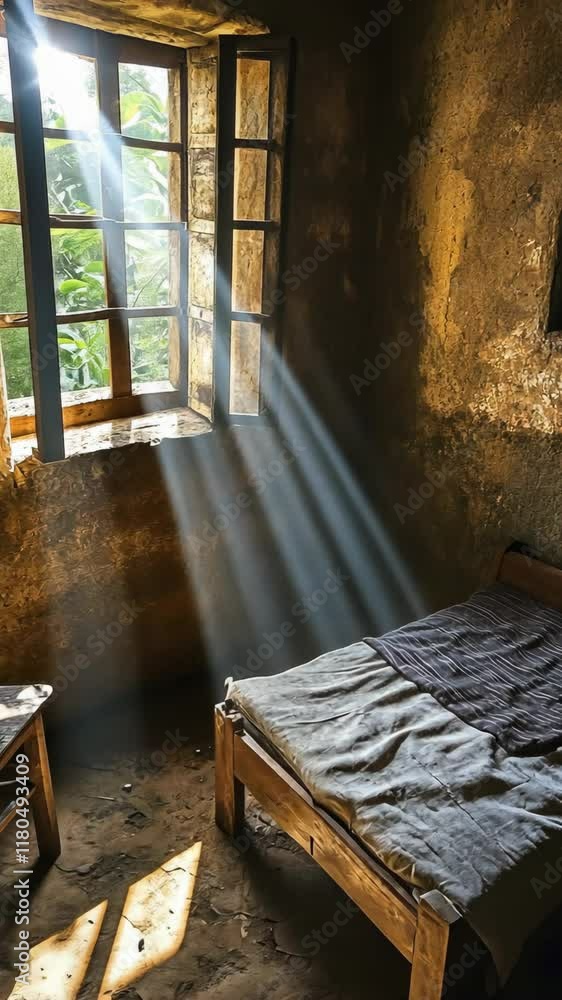 Poster light streams through a window into a rustic room with a bed and simple furniture during the day