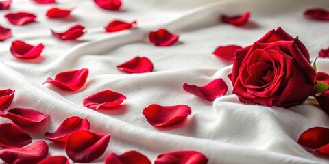delicate red rose petals scattered on a soft, white velvet surface, flowers, petals