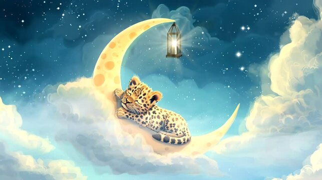 Baby cheetah sleeping on crescent moon with ancient lantern in the sky. Seamless looping video background