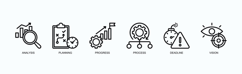 Strategic Workflow Icon Set Icon Set Isolated Vector Illustration Concept With Icon Of Analysis, Planning, Progress, Process, Deadline, Vision In Outline Style