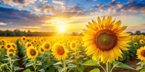 Bright yellow sunflower fields stretching towards a sunny sky with blurred greenery and soft, warm light filtering through the landscape, harvest, sunflowers