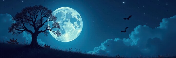 Spooky tree silhouette against full moon night sky, moonlight, eerie, forest