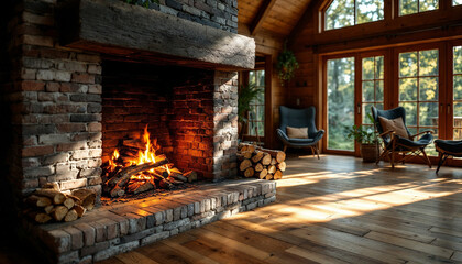 A cozy forest villa interior with a warm fireplace and rustic wooden decor.