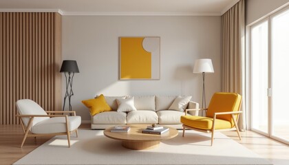 Modern art deco interior living room with a white sofa, two armchairs, and a coffee table.