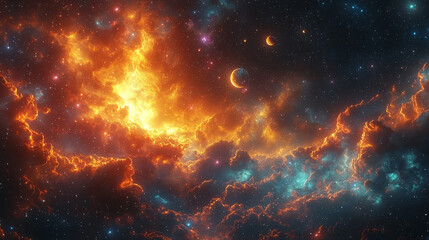 Fiery Nebula Cosmic Clouds Planets Starscape