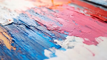 Naklejka premium Close-up of a textured canvas with bold strokes of blue, pink, and white paint creating an expressive and vibrant modern art piece.
