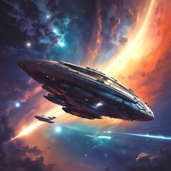 Obraz premium Illustration of starship with planet and starry galaxy.