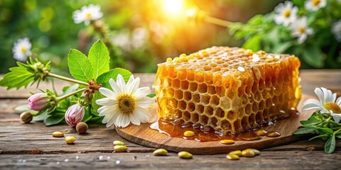 A golden honeycomb filled with honey droplets on a rustic wooden background, surrounded by greenery and flowers, honeycomb, honey
