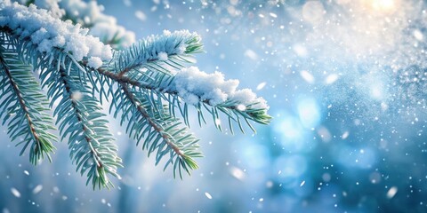 Snow-covered fir branch with frosty needles and delicate snowflakes gently falling on it , winter scenery, delayed snowfall