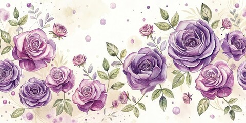 A whimsical, hand-drawn illustration of a cluster of purple roses scattered across a creamy white background with loose brushstrokes and playful patterns , hand drawn, flowers