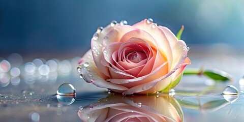 A delicate rose petal with water droplets clinging to its surface, creating a serene and peaceful atmosphere , gentle, serenity