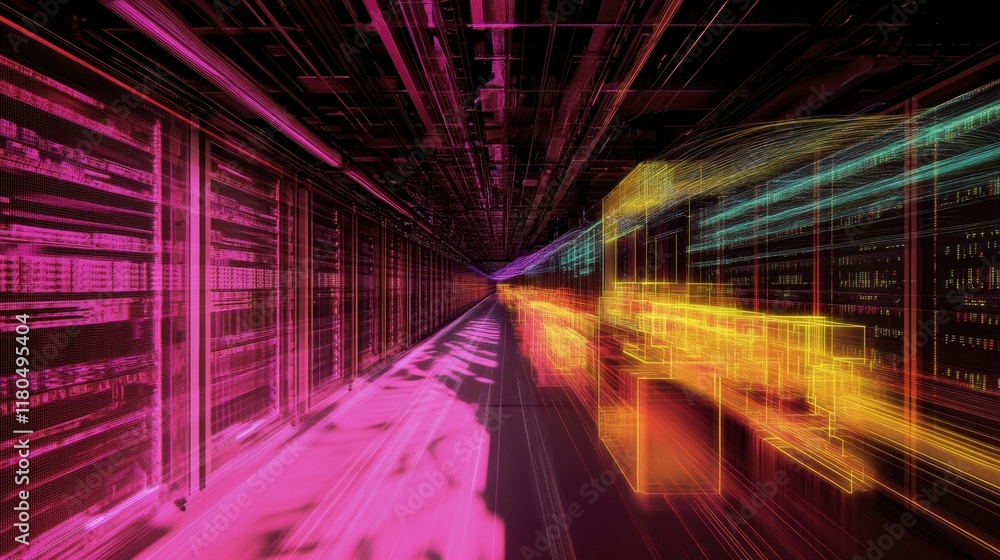 Poster futuristic server room is processing and transferring big data through digital light trails, creatin