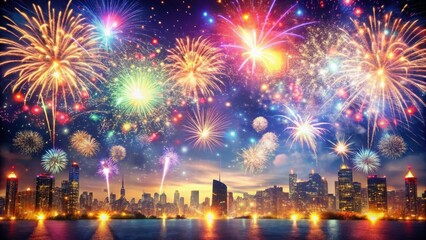 Colorful fireworks exploding in the night sky over a cityscape with glittering confetti scattered on the ground, festive lights, nighttime