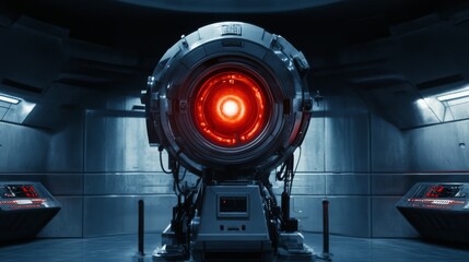 A high-tech device with a glowing red core stands against a sleek industrial background, emanating power and advanced technology.