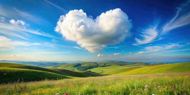 Soft heart-shaped cloud floats gently in the cerulean blue sky above a serene landscape of rolling hills and wildflowers, gentle clouds, hillside
