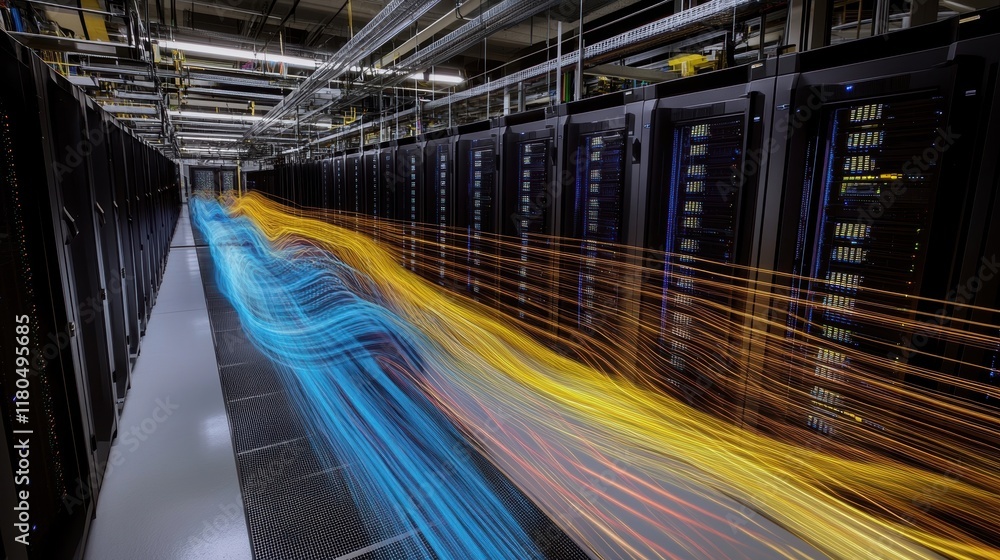 Poster light trails flowing through server racks in a cutting edge data center, illustrating the dynamic pr