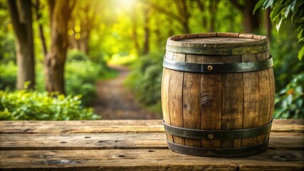 Naklejka premium Distressed wooden table with old barrel in a rustic environment, weathered, outdoors, weathered, outdoors, landscape, scenery