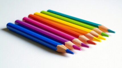 Fototapeta premium A neat row of colorful pencils lies on a crisp white surface, ready to bring ideas to life with their vibrant and expressive shades.