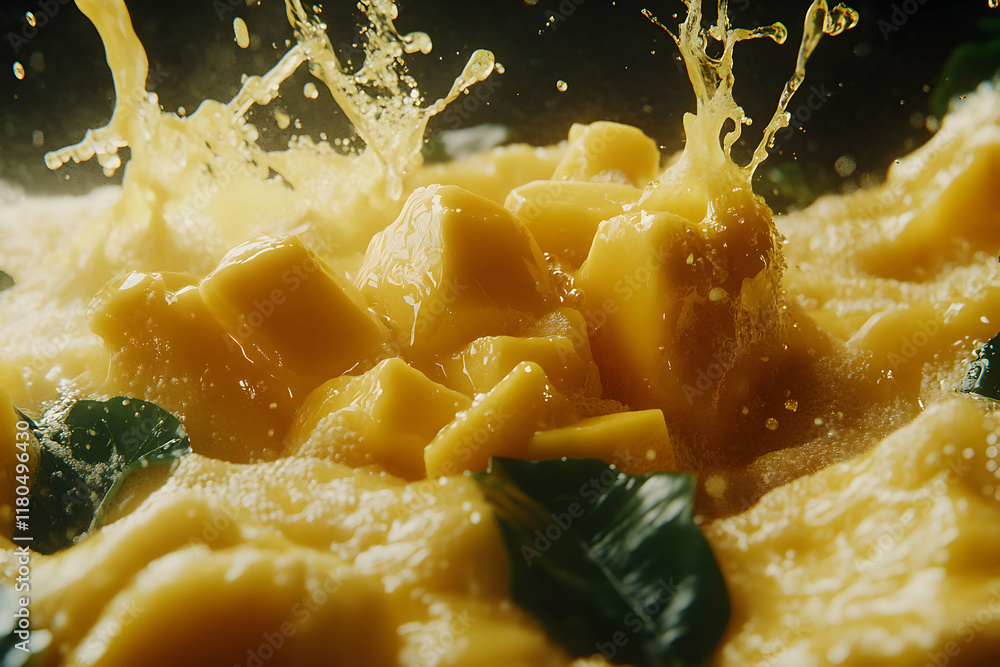 Poster juicy mango chunks splashing into a vibrant yellow liquid, creating a dynamic and refreshing scene. 