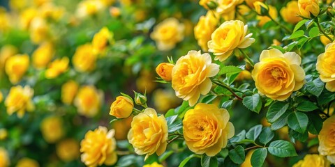 A bush covered in vibrant yellow rose flowers amidst lush greenery and a natural background, perfect for a beautiful wallpaper design , garden, background