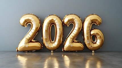 3D gold foil balloons forming the number 2026.