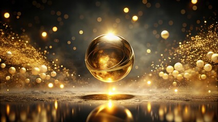 Ethereal mist swirls around an abstract golden sphere, suspended in mid-air amidst a void of blackness, evoking a sense of weightlessness and serenity, abstract gold bokeh, calming atmosphere