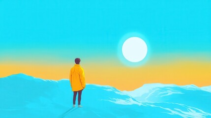 Obraz premium Solitary Figure Contemplates a Bright Celestial Body Over a Cyan Landscape