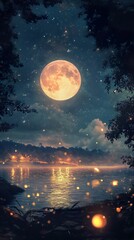 Fototapeta premium Magical Moonlit Lake: A Serene Night Scene