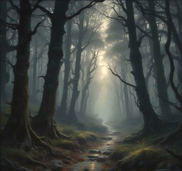 Obraz premium Illustration of dark spooky woods.