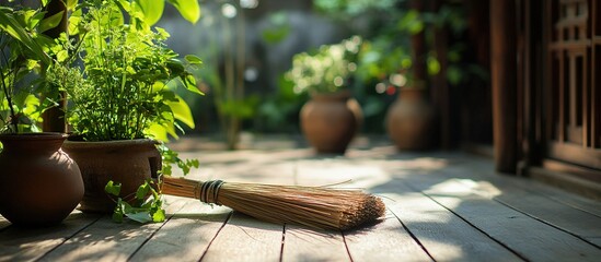 Broom rests near potted plants on a wood floor.