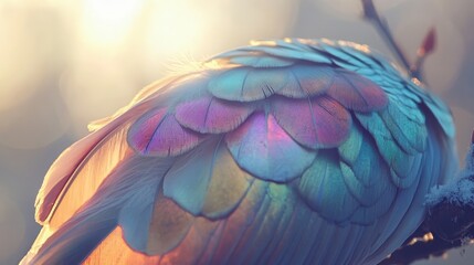 Obraz premium Stunning Close-Up of Colorful Bird Feathers Reflecting Light in a Ethereal Setting with Soft Bokeh Background and Vibrant Hues of Nature's Palette