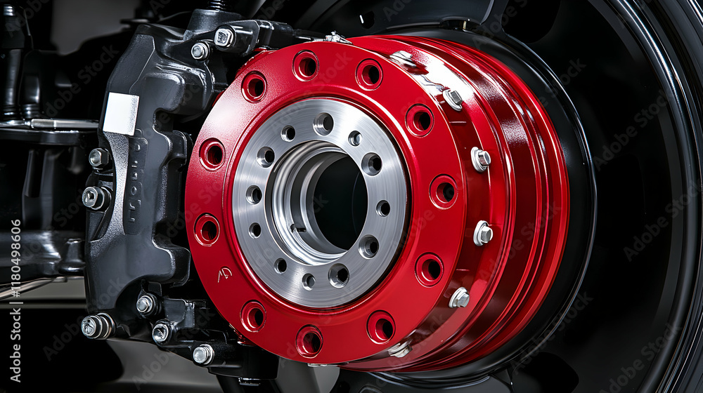 Poster close-up of a red brake rotor and caliper assembly on a large vehicle wheel. high-quality image show