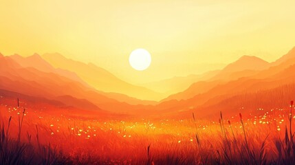 Sunset Over Orange Mountains And Grassland