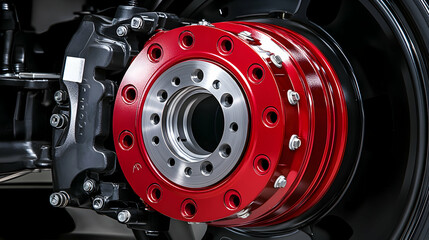 Close-up of a red brake rotor and caliper assembly on a large vehicle wheel.  High-quality image showcasing automotive engineering.