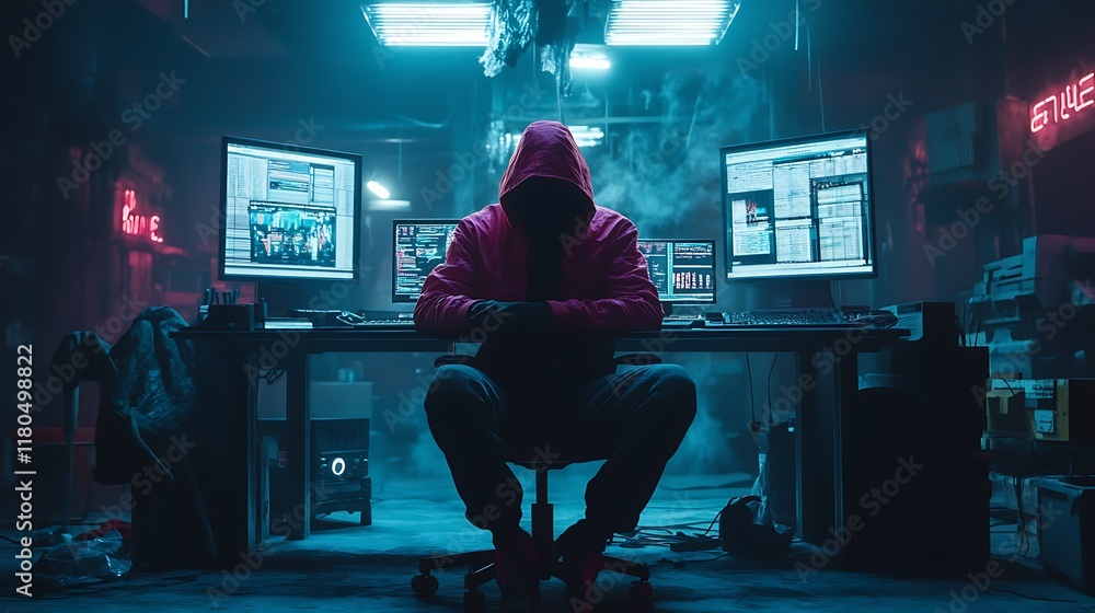 Aufkleber hooded hacker working late at his computer station