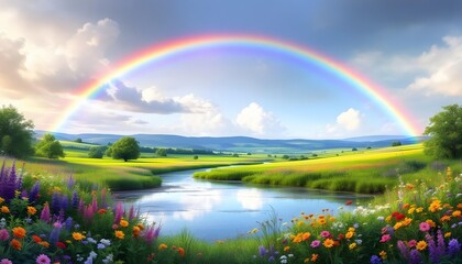 A vibrant rainbow arches over a serene landscape with a tranquil lake, lush green meadows, and colorful wildflowers in the foreground