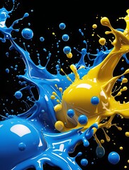 Fototapeta premium A stunning fusion of blue and yellow liquid paint splashes captured in mid-air, creating a mesmerizing abstract art design with dynamic energy and vibrant color contrast for creative inspiration