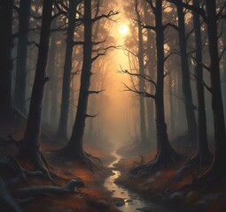 Naklejka premium Illustration of dark spooky woods.