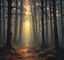 Illustration of dark spooky woods.
