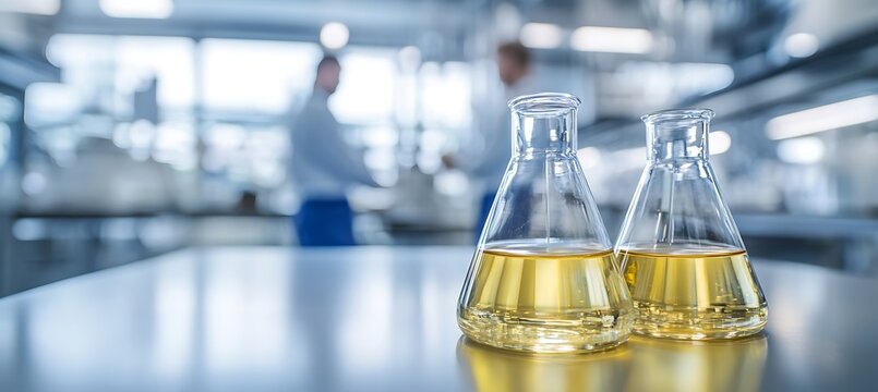 Engineers working together with a blurred industrial background showcasing a chemical factor.