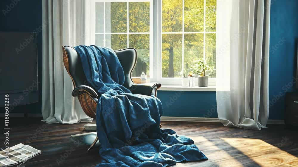 Poster cozy reading nook with a comfortable chair and sunlight streaming through the window in a serene roo