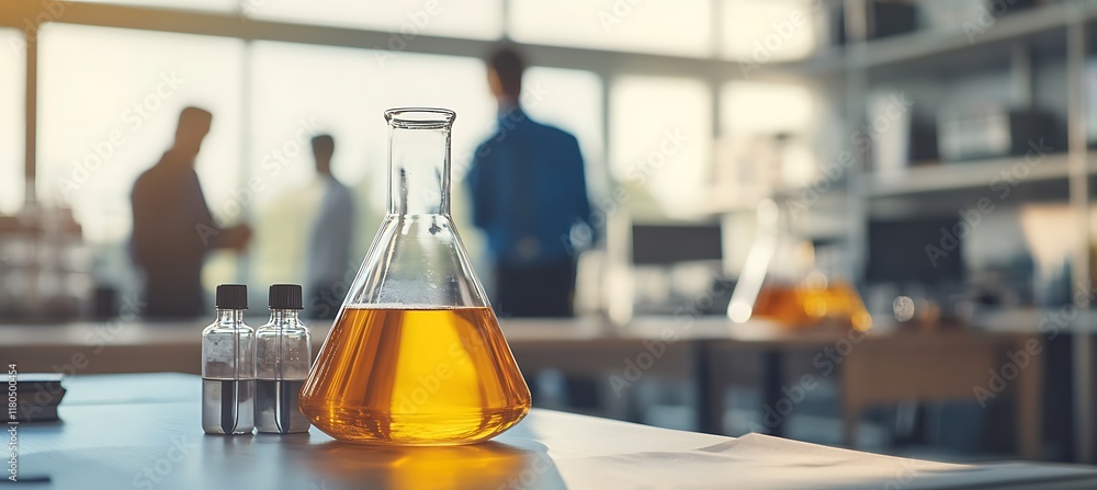 Poster a chemical factory model placed on a table in an office with a blurred background showing engineers 
