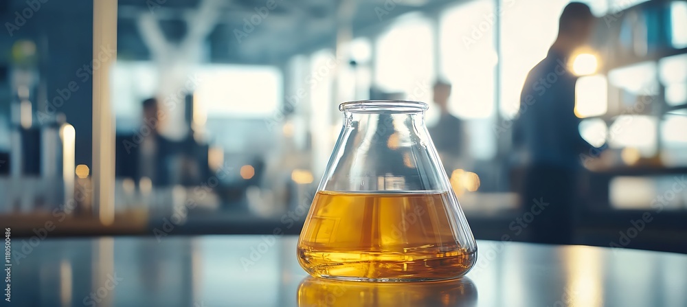 Poster a chemical factory model placed on a table in an office with a blurred background showing engineers 