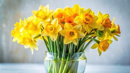 Daffodil Bouquet in Glass Vase: Spring Flowers, Bright Yellow Blooms, Floral Photography