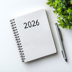 New year mockup concept with a blank white notebook, number 2026 on a white background. New Year's resolution, plan, or ideal idea for a new social media post template, with copy space.