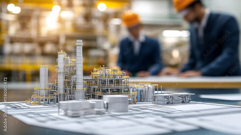 Poster chemical factory model on an office table with blurred background and engineers discussing plans.